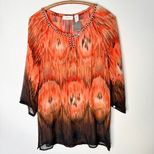 Chicos Blouse Chiffon Sunset Sands Orange Brown Beaded 3/4 Sleeve Women 0 S 4